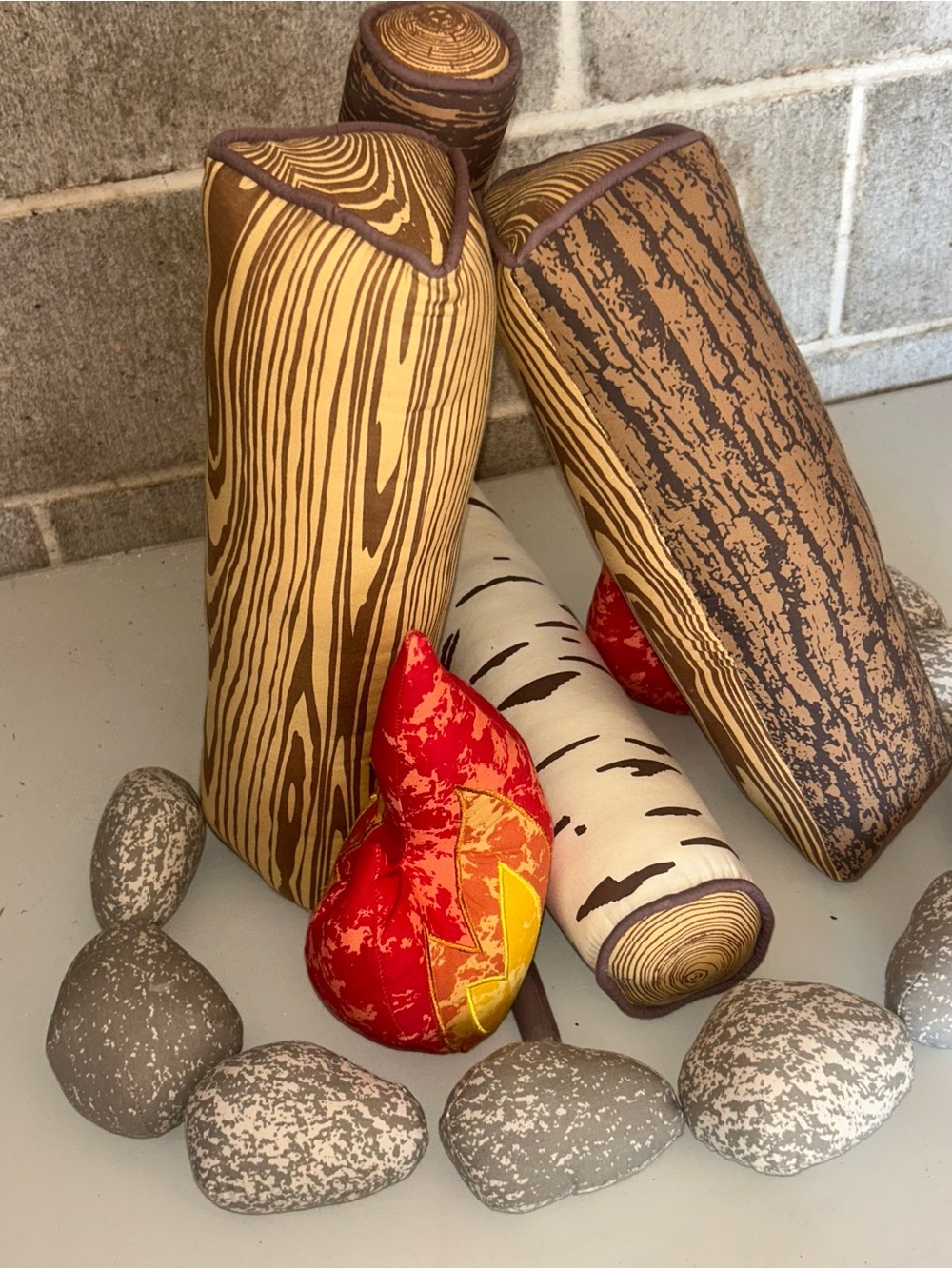 Land Of Nod Plush Log, Birch Log, Fire and Stones Set in Brown, Tan, White, Red